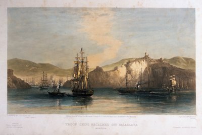 Barcos de tropas calmados frente a Balaklava, mañana, grabado por T.G. Dutton, publicado por Colnaghi y Co., 1855 de Oswald Walters Brierly